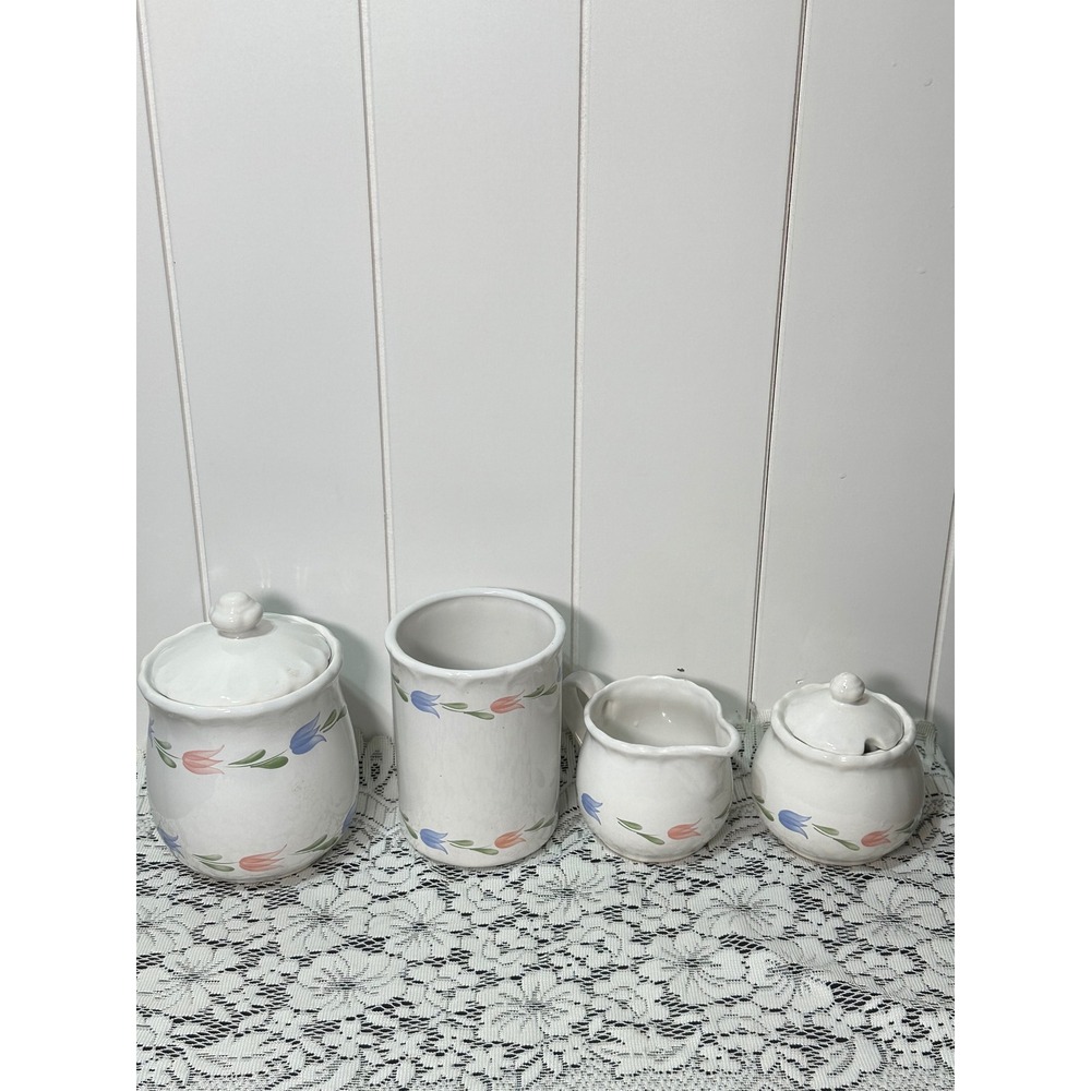 Vintage Pastel Tulip Ceramic Kitchen Set Canister Creamer Sugar Utensil Holder